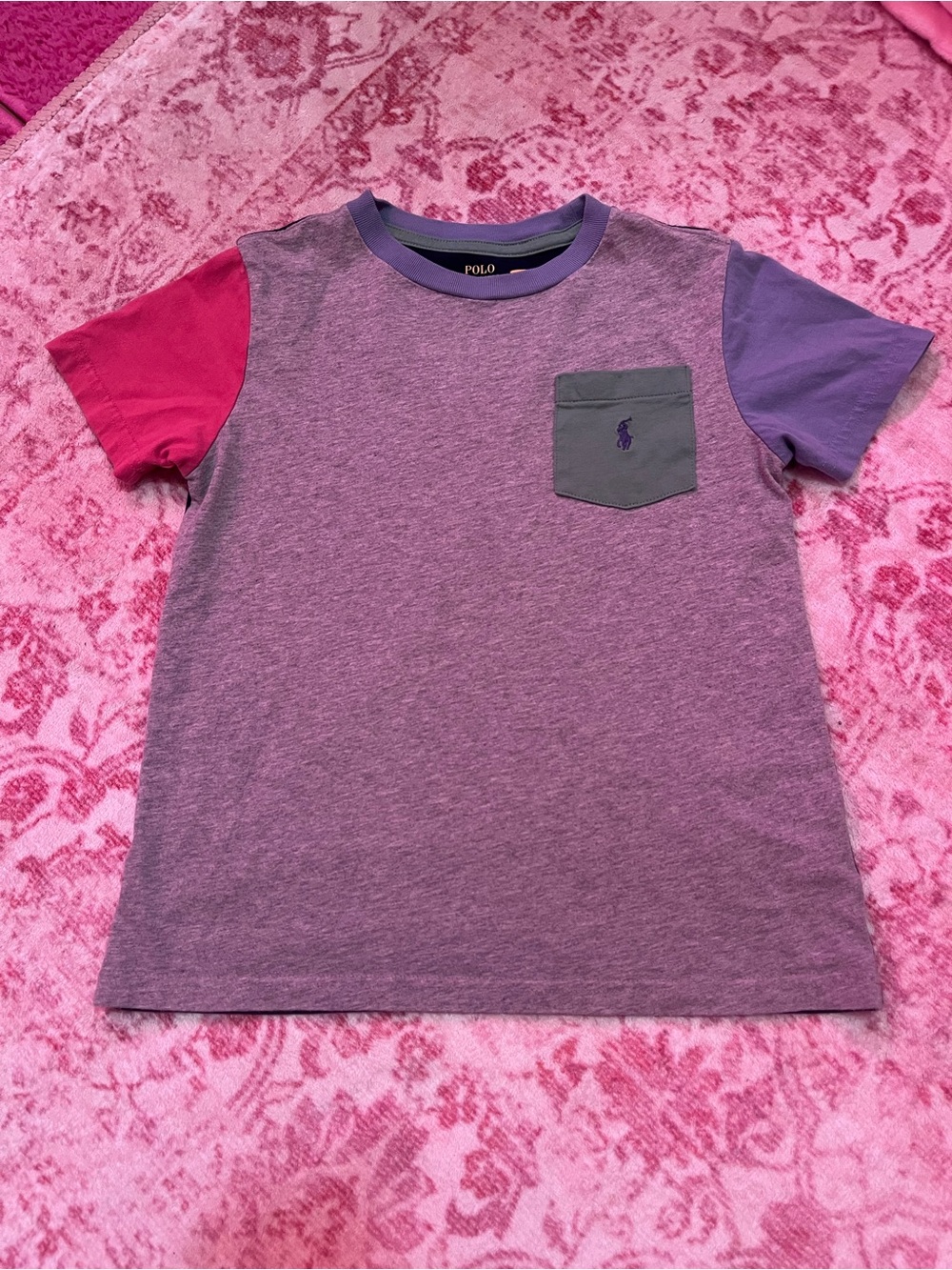 Polo by Ralph Lauren Gray Tee with Pink & Blue Sleeves and Green Pocket
